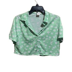 Passport Green/White Daisy NWT Cropped Button Up Small Women's
